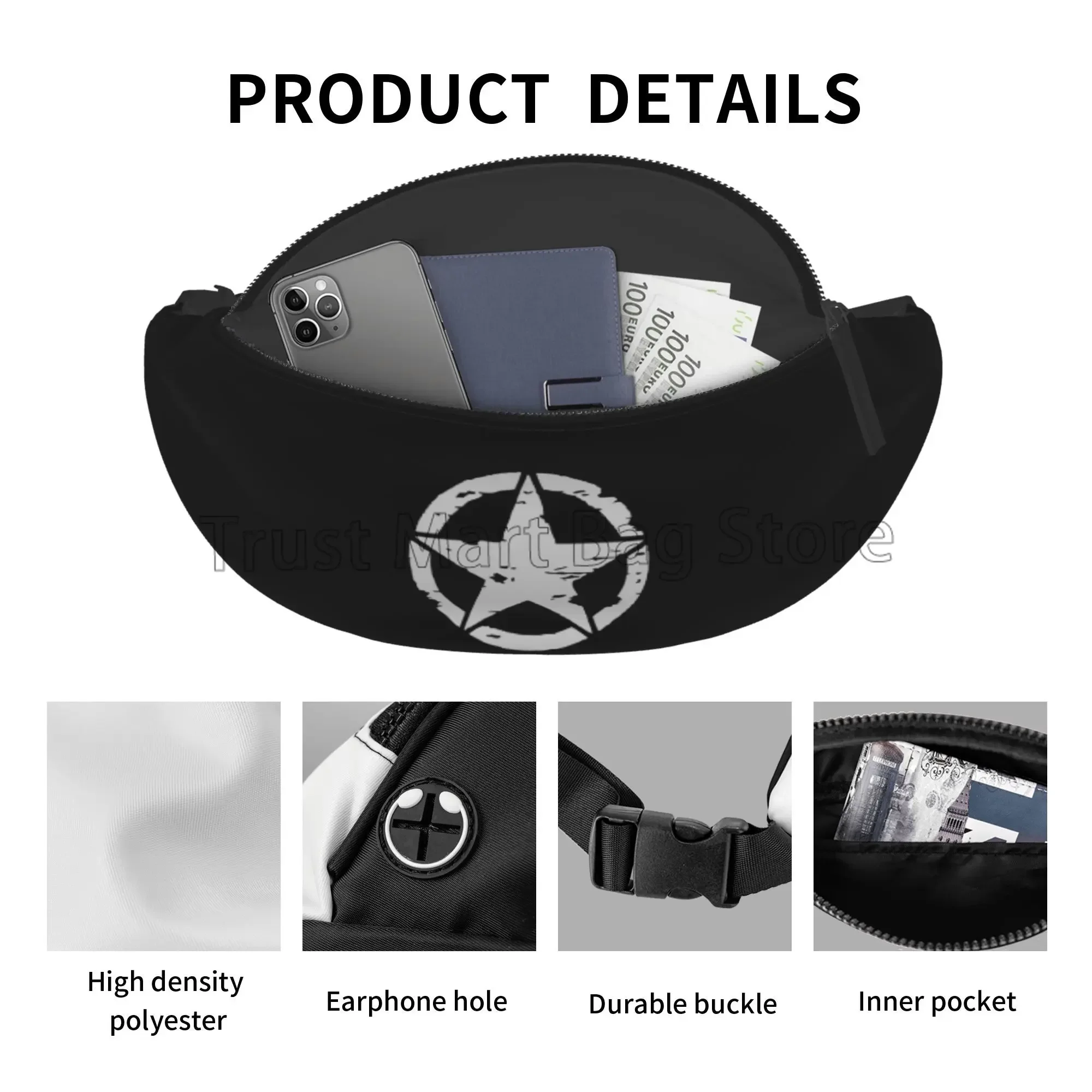 Military Tactical Star Waist Bag with Headphone Hole Belt Bag Fashion Hip Bum Bag for Outdoor Casual Travelling Hiking Cycling