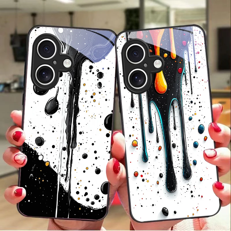 

Color Ink Dot White For Apple IPhone 16E 16 E 11 13 15 P Ro 14 Pro Max 12 Mini 7 8 Plus XR XS Black Tempered Glass Phone Case