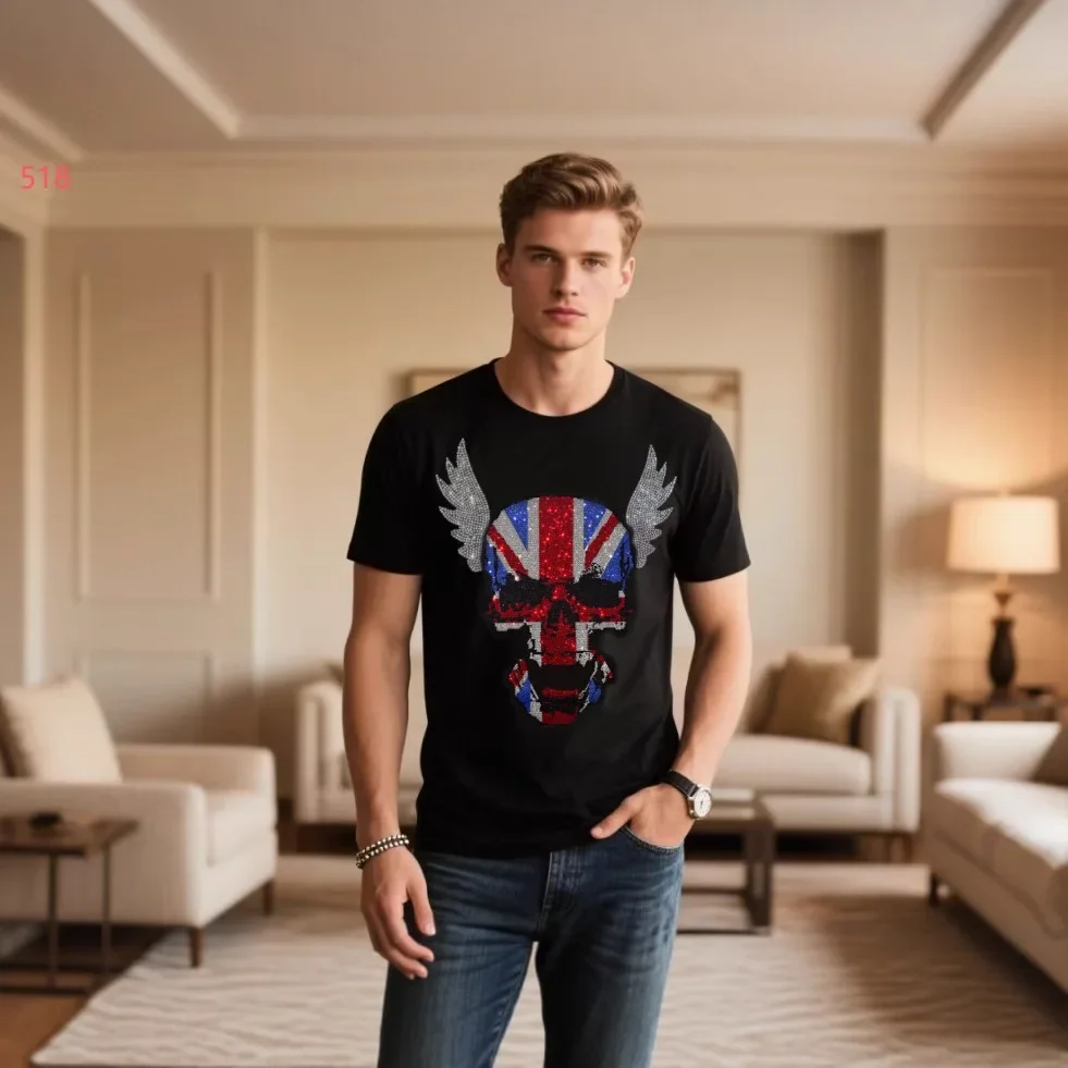 

Лето 2025 года, футболки с короткими рукавами, мужская брендовая одежда, модные футболки с черепами и стразами, круглым вырезом, мужская уличная одежда, большие размеры 4XL