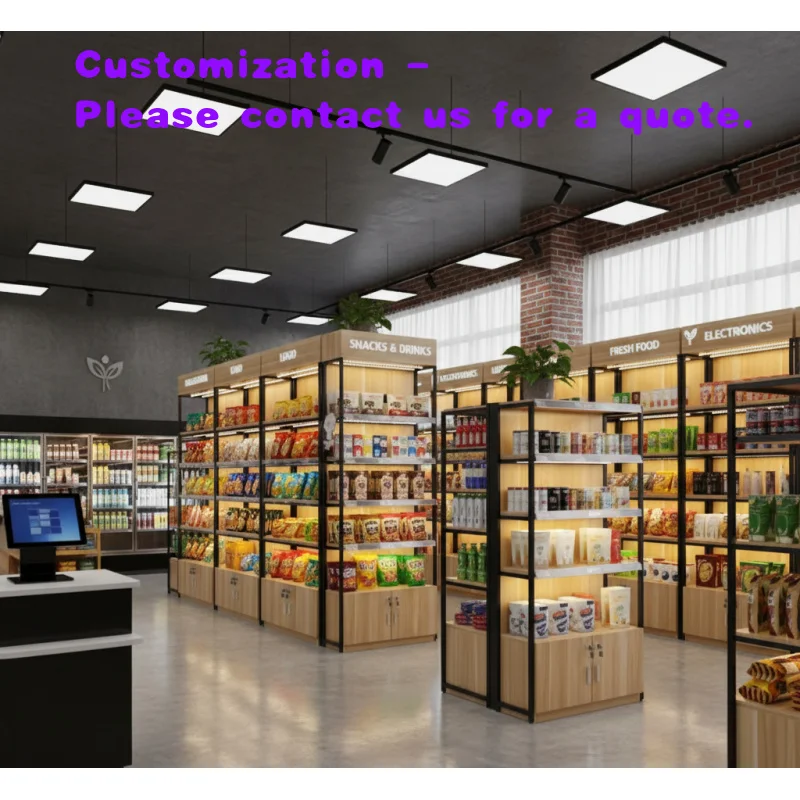 custom.Supermarket Double-Sided Wooden & Metallic Display Stand Adjustable Durable Retail Shelving Convenience Store