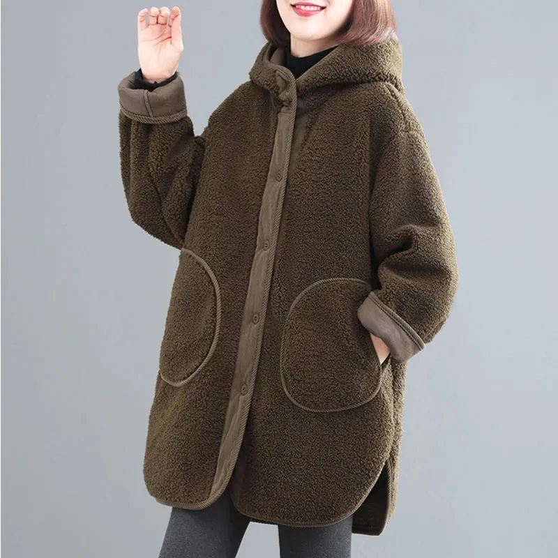 

Autumn Winter NEW Korean Loose Hooded Jacket Large Size Casual Thicken Warm Lamb Wool Coat Female Mid Length Fashion Overcoat