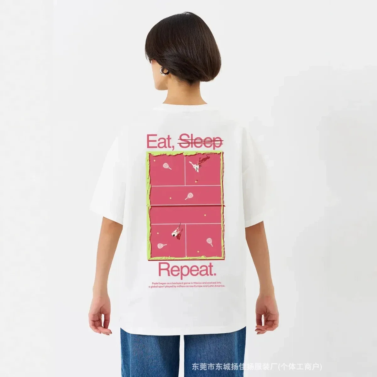 Y2K Sweet American Preppy Sport Tennis Court Sketch Eat Sleep Repeat Back Print Oversized Pink 100% Cotton Summer Sports T Shirt