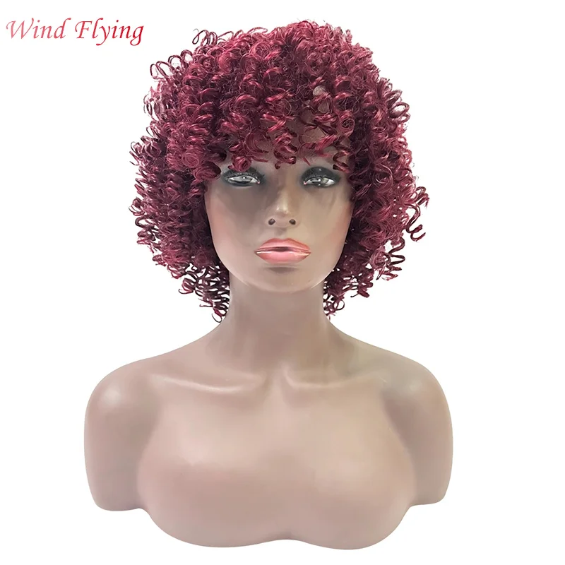 WIND FLYING African Women Short Kinky Curly Wigs with Bangs Natural Look Long-Lasting Wear Fashion Fluffy Wig Headgear