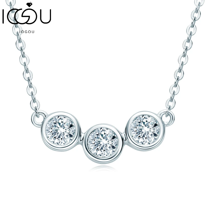 

IOGOU Luxury 3 Stone Pendant Necklace Round Cut 4mm Moissanite Bezel Setting Necklaces for Women Original 925 Sterling Silver