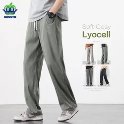 Calça jogger de tecido Lyocell masculina, fina, larga, larga, calça reta, cordão, elástico na cintura, calça casual, Coreia, verão