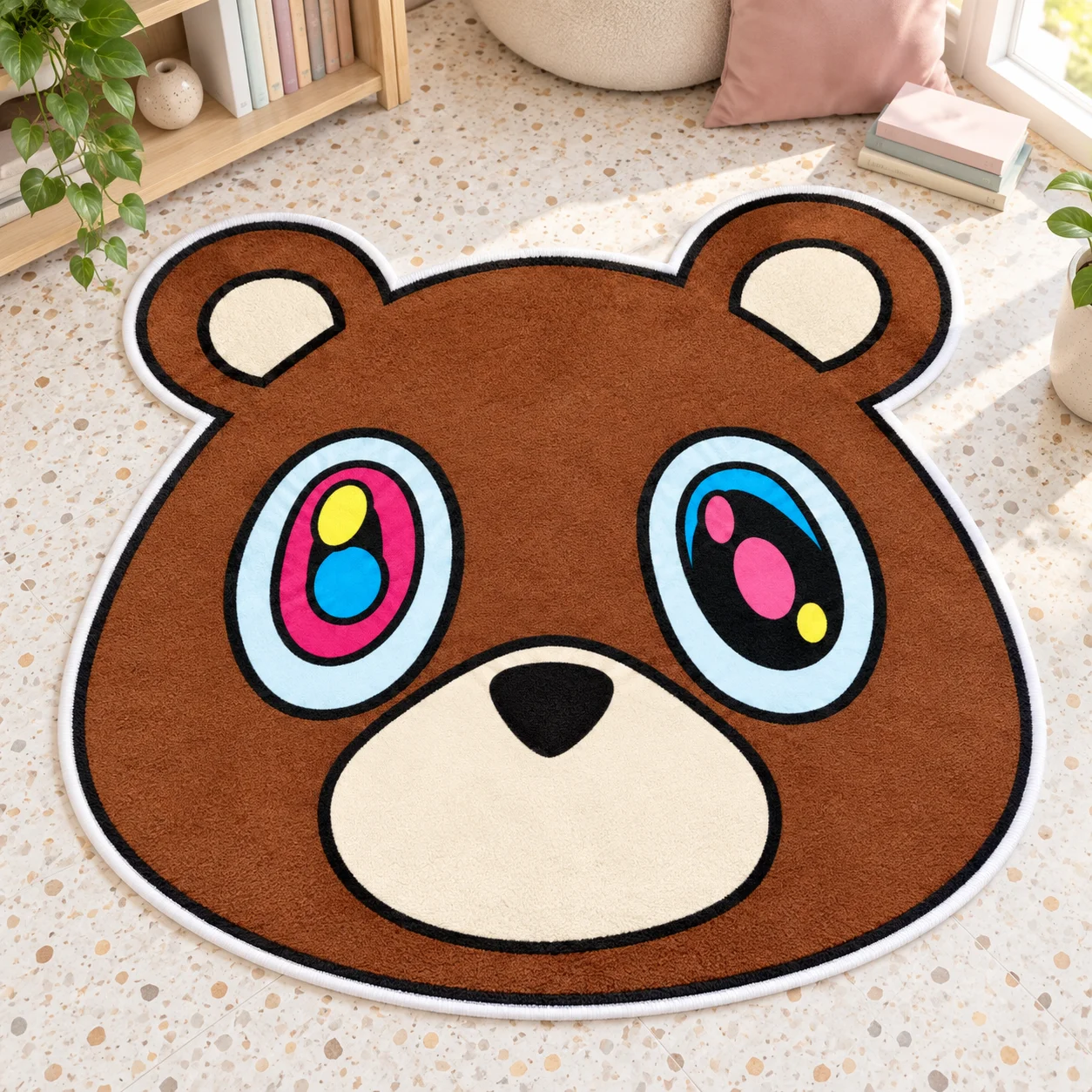 Rapper K-Kanye West Brown Bear Head Shaped Area Rug with Colorful Pop Art Eyes Floor Mat for Bedroom and Playroom Decor