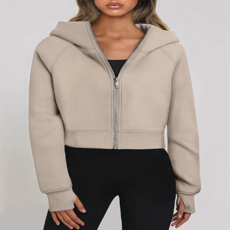 Women's Short Hoodie Jacket Long Sleeved Zipper Warm Coats Solid Color Casual Sweatshirts 2025 Autumn Winter Outerwears