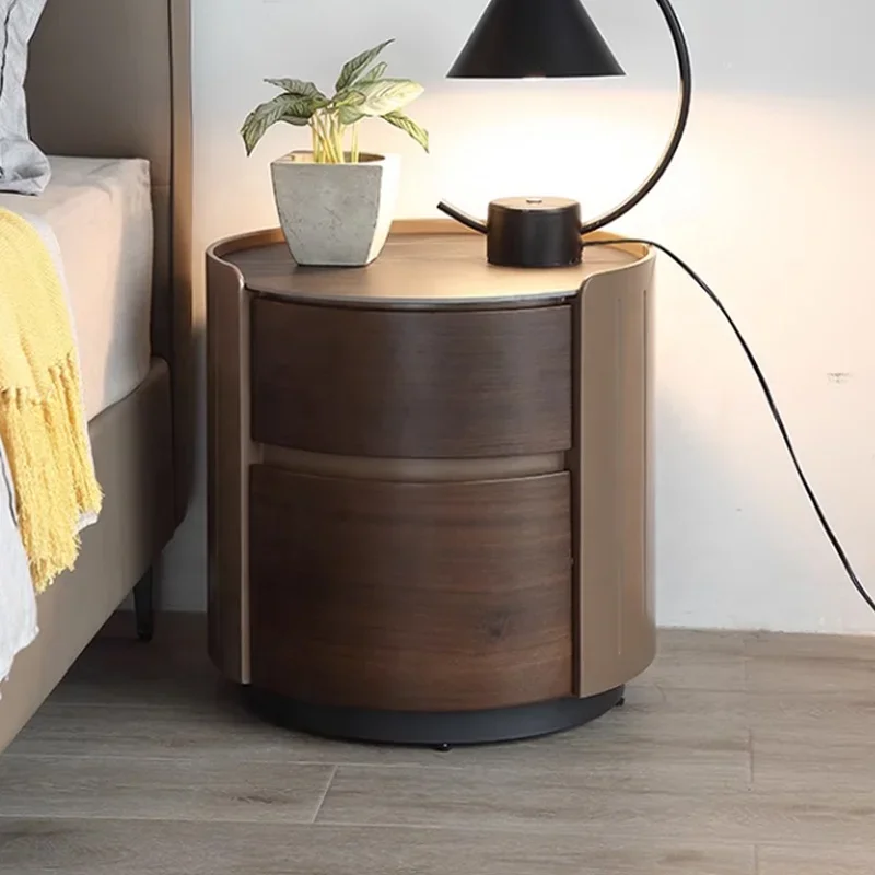 High-end simple walnut bedside table modern bedroom rock slab round lacquer solid wood bedside table