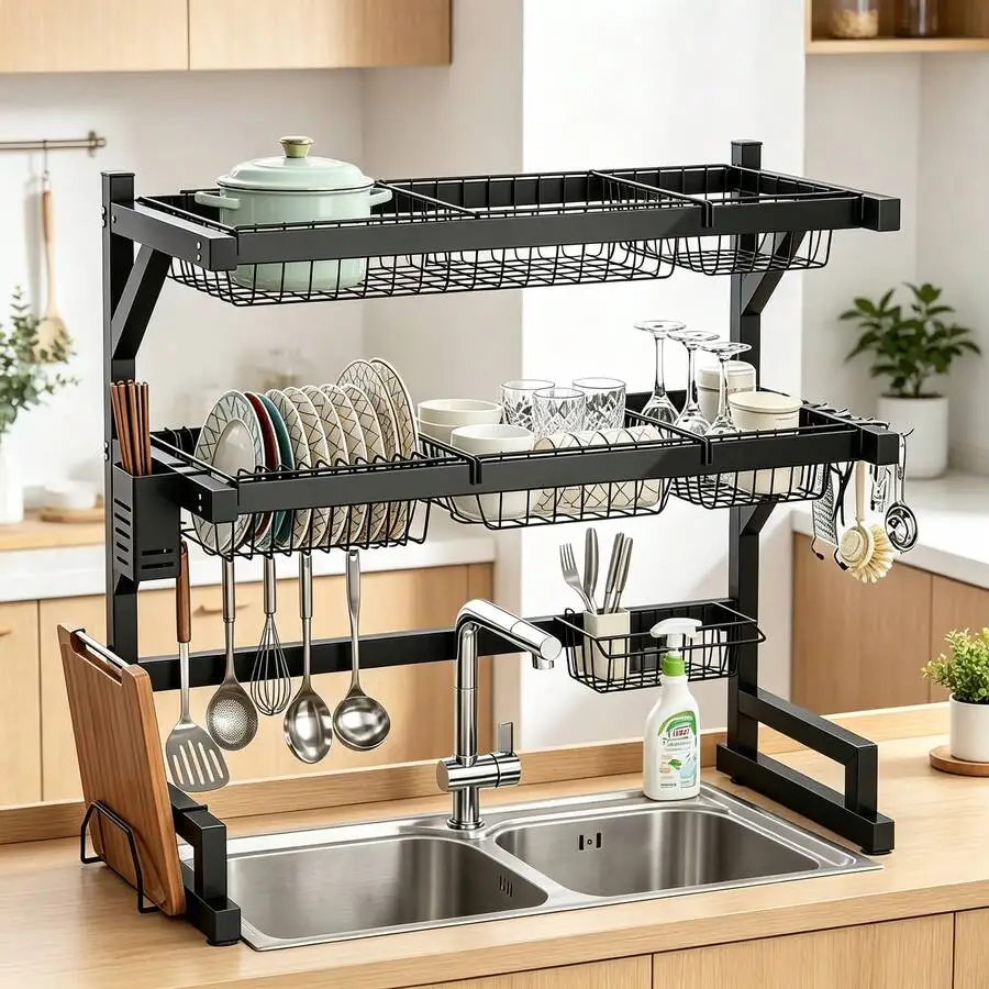 2-Tier Kitchen Over Sink Dish Rack, Heavy Duty Dish Storage Shelf With Multi Baskets And Hooks For Small Apartment Kitchen Count - view 3