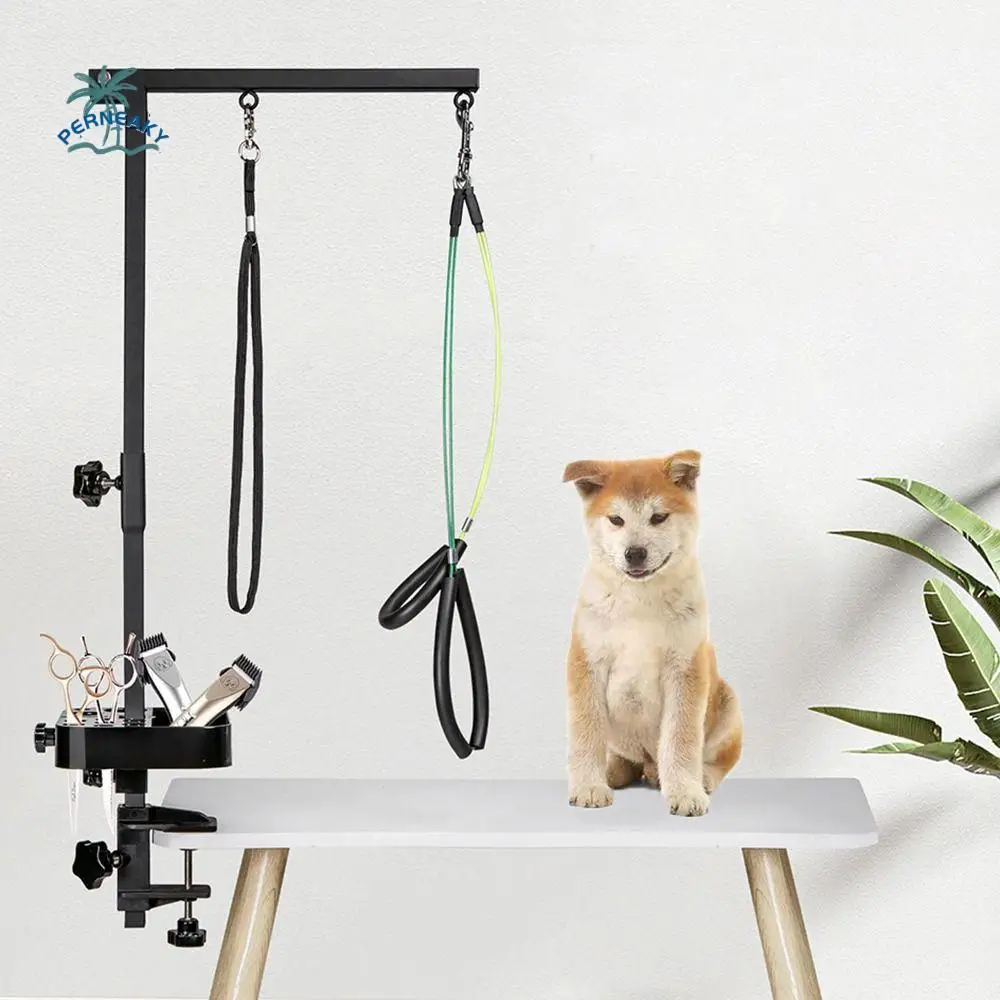 

35" Dog-Grooming-Arm Anti-Slip Metal Clamp Adjustable Pet Grooming Table Arm Loop Noose Grooming Tool Tray