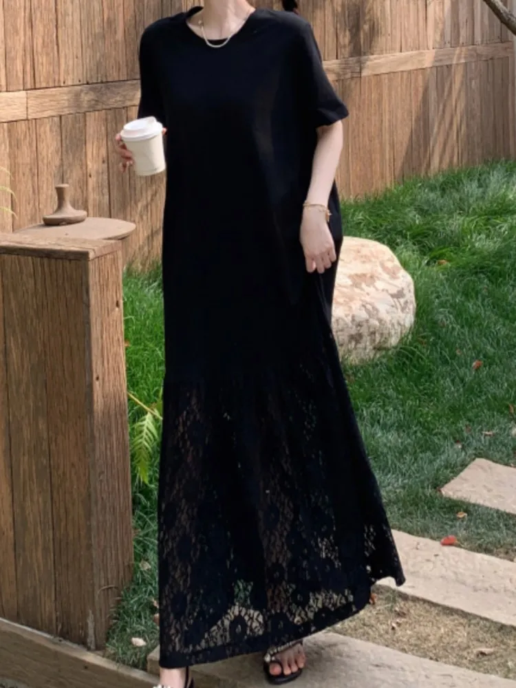 Verão solto renda splice dupla camada ombro manga camiseta vestido preto estilo elegante venda quente da temporada vestidos casuais