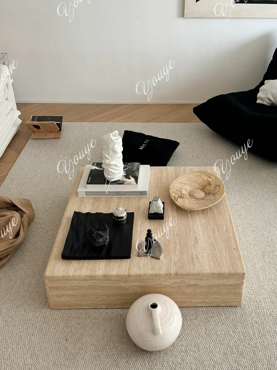 طاولة قهوة مربعة من الحجر الجيري الطبيعي الاسكندنافي، شقة صغيرة بسيطة، طاولة مربع من الحجر الجيري، طاولة قهوة رخامية