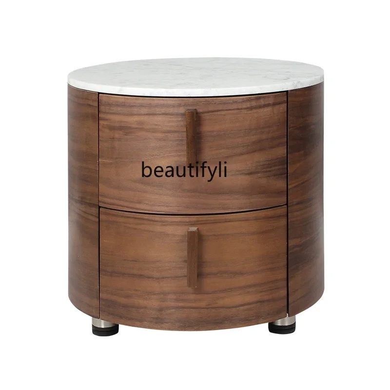 

AMild Luxury Marble Bedside Table round Bedroom Bedside Cabinet Solid Wood Storage Cabinet