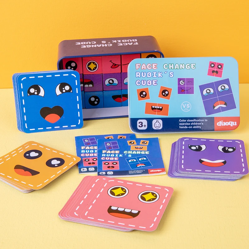 Kids Face Change Cube Game Montessori Expression Puzzle Building Blocks Toys Early Learning Educational Match Toy for Children