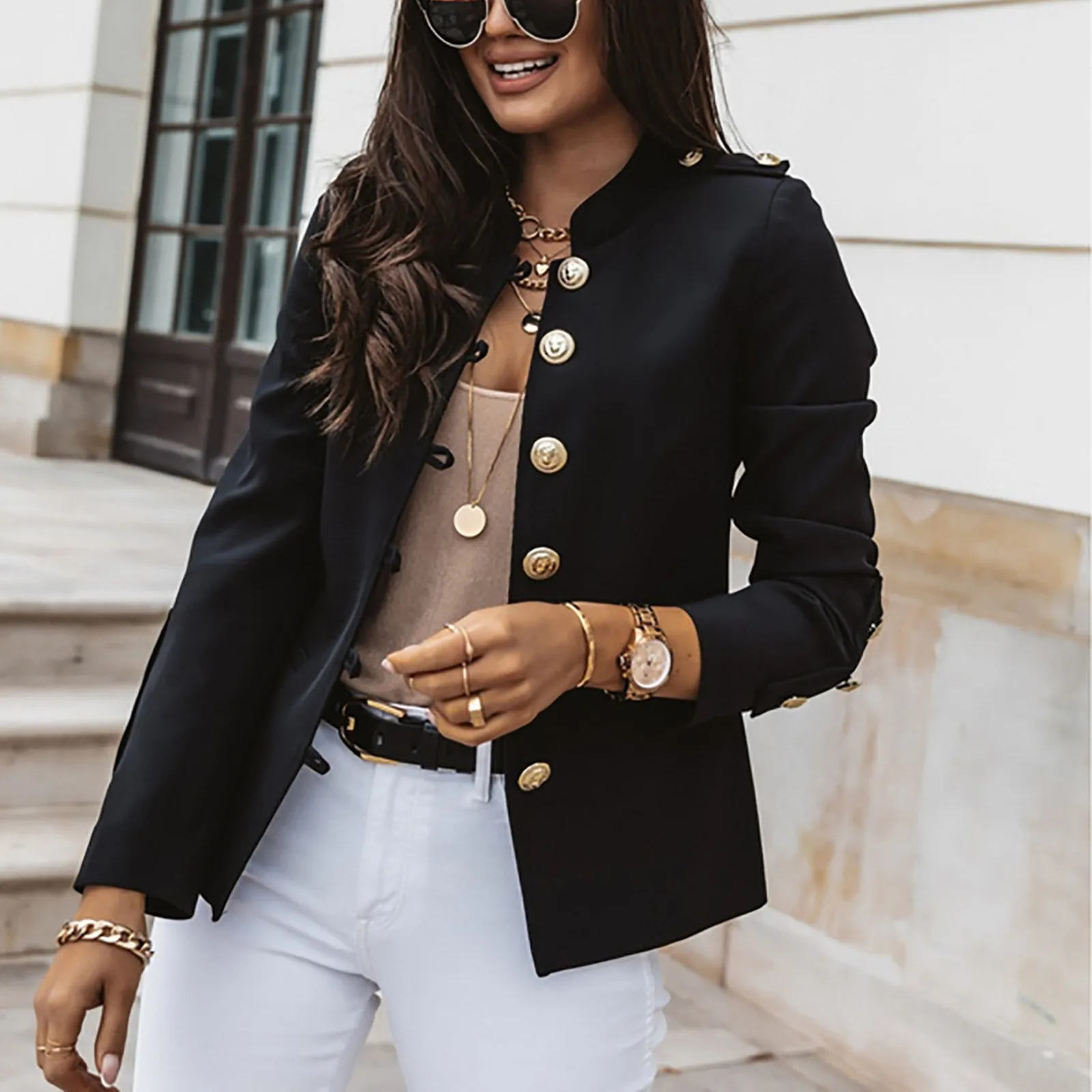 Women Long Sleeve Outerwear Casual Slim Top Button Stand Solid Business Jacket Fashion Office Long Coat Design Sense Blazer