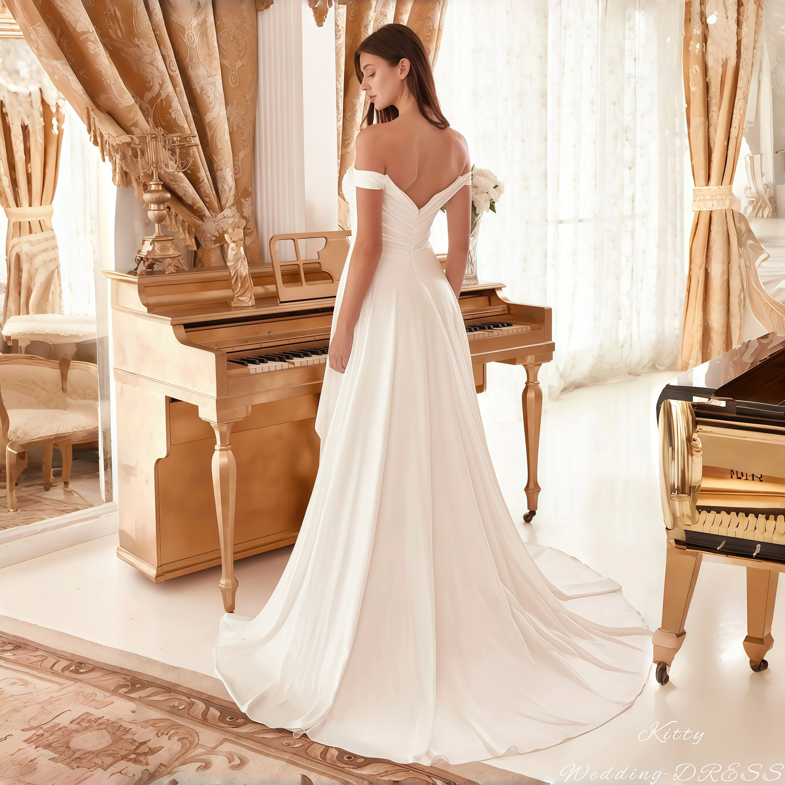 

Kitty Customized Elegant Wedding Dress Off-the-Shoulder Sweetheart Satin A-Line High Side Slit Floor Length Train Bridal Gowns