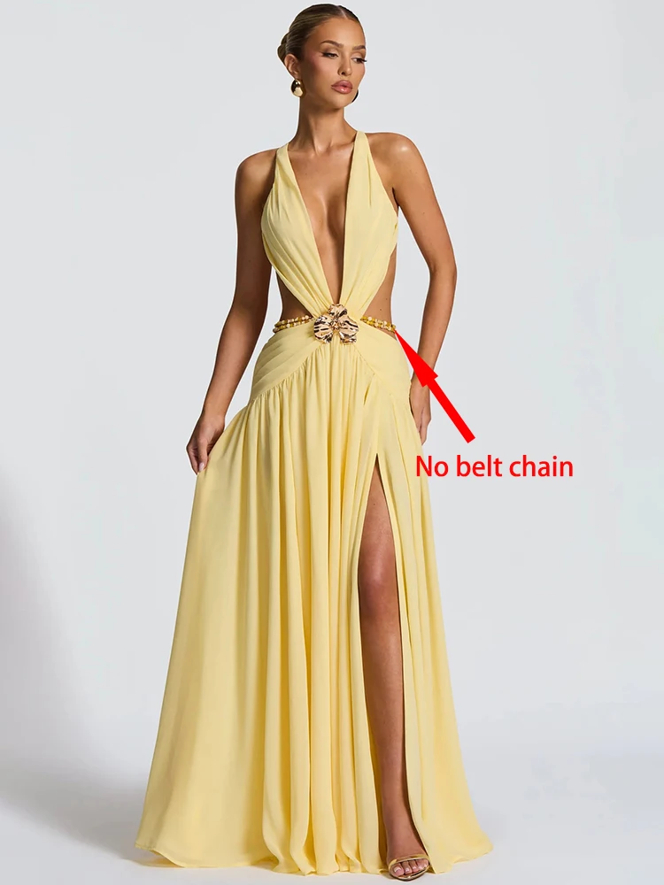 Mozision uitgehold diepe v-hals sexy maxi-jurk damesjurk metalen gesp mouwloos backless dij hoge split club feestjurken