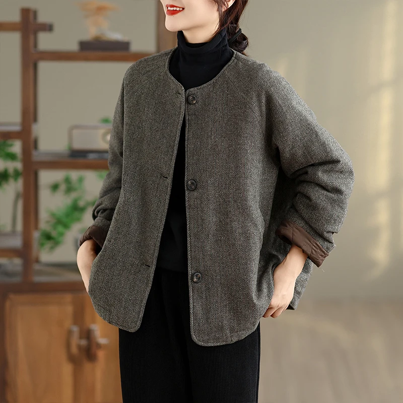 ريترو جولة Ne ort القطن Jaet المرأة فضفاضة عارضة Sle الشتاء Faion لون نقي أعلى البوليستر الصوف مزيج النسيج #5