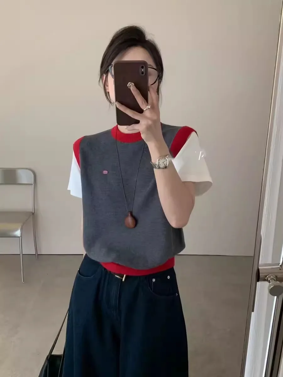 

Korean Design Sense Chic Anti-Aging Splice Fake Two-Piece ort Sve Knitted Sweater Women Spring New All-Match Aosphere Top