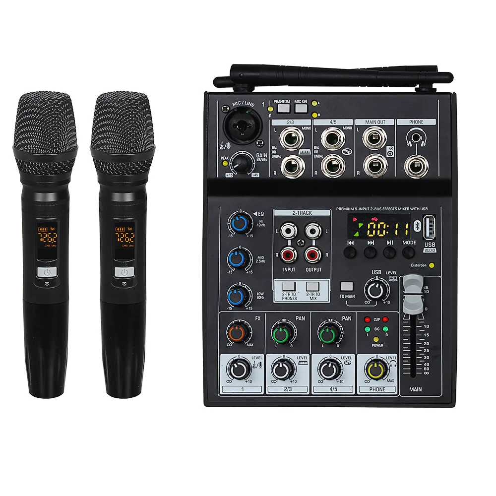 

GT502 Audio Mixer with 2 Wireless Mics 4 Channels Mixing Console with Bluetooth USB Effect for Stage Audio DJ Karaoke PC