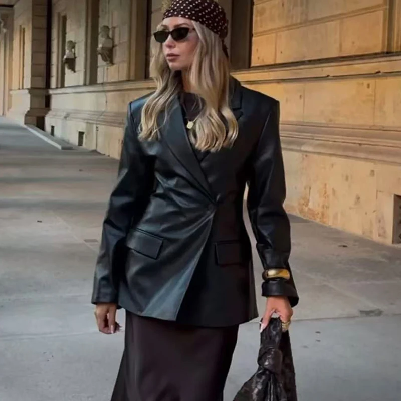 TFMLN سترة نسائية جديدة للخريف من الجلد الصناعي معاطف أنيقة عتيقة لراكبي الدراجات النارية الأمريكية ملابس خروج عصرية بأكمام طويلة #1