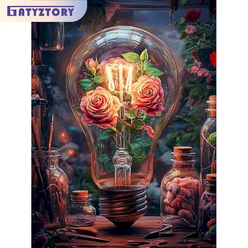 

GATYZTORY Paint By Number Bulb Rose Drawing On Canvas HandPainted Painting Art Gift DIY Pictures By Number Flower Kits Home Deco