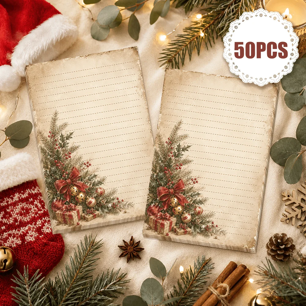 50 Sheets,  Vintage Christmas Tree Gift Writing Paper, Lined, Adhesive-free, Very Suitable For Notebooks, Memos, And Stickers