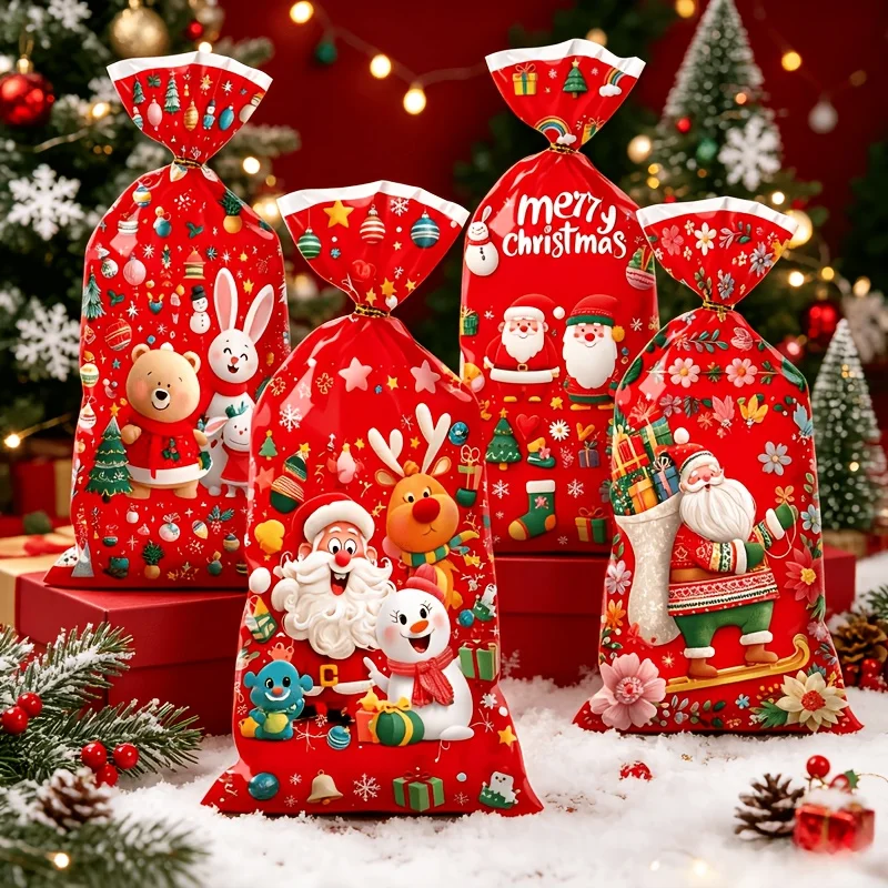 50/100pcs Red Christmas Gift Bags with Twist Ties - Cellophane Gift Bags Printed with Santa Claus, Reindeer, Snowflake Patterns