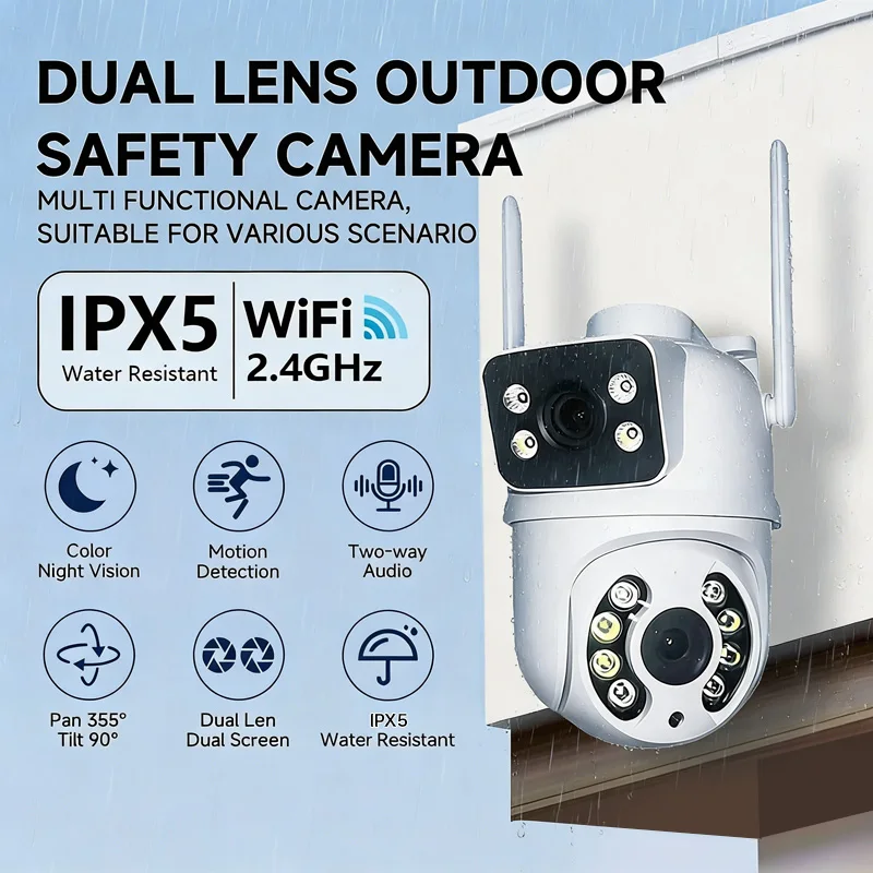 

Камера видеонаблюдения 1080P HD с Wi-Fi, водонепроницаемость IPX5, двойной объектив, 360° ° PTZ, цветное ночное видение, автоматическое отслеживание, двусторонняя аудиосвязь, просмотр через приложение.