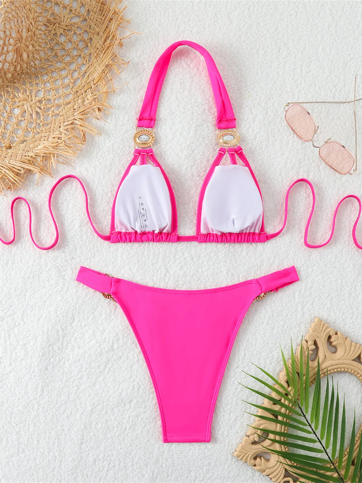 Luxury Rhinestone Bikini 2025 Women Sexy Hot Pink Push Up Diamond Thong Swimsuit Brazilian Cut Out Bathing Suit Micro Swimwear