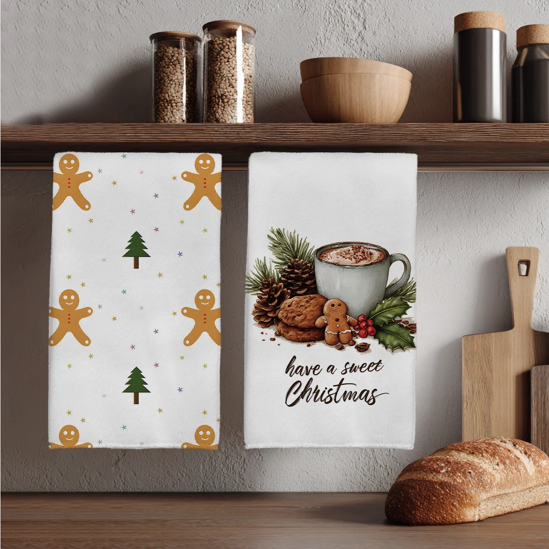 2PCS Christmas Gingerbread Man Cocoa Pinecone Kitchen Towel Dish Cloths Holiday for Kitchen Towel Decoration 40x60cm