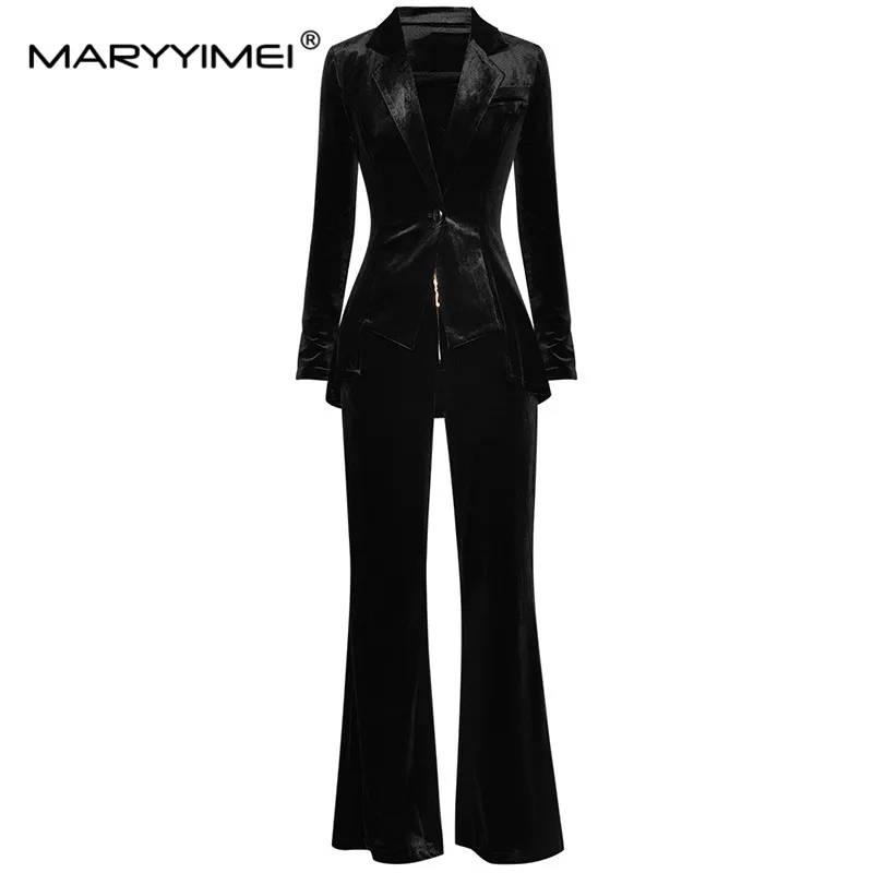 MARYYIMEI Fashion Designer Autumn Winter Black velvet Pants Suit Women's Single button Long Blazer and Pants Two Pieces Set