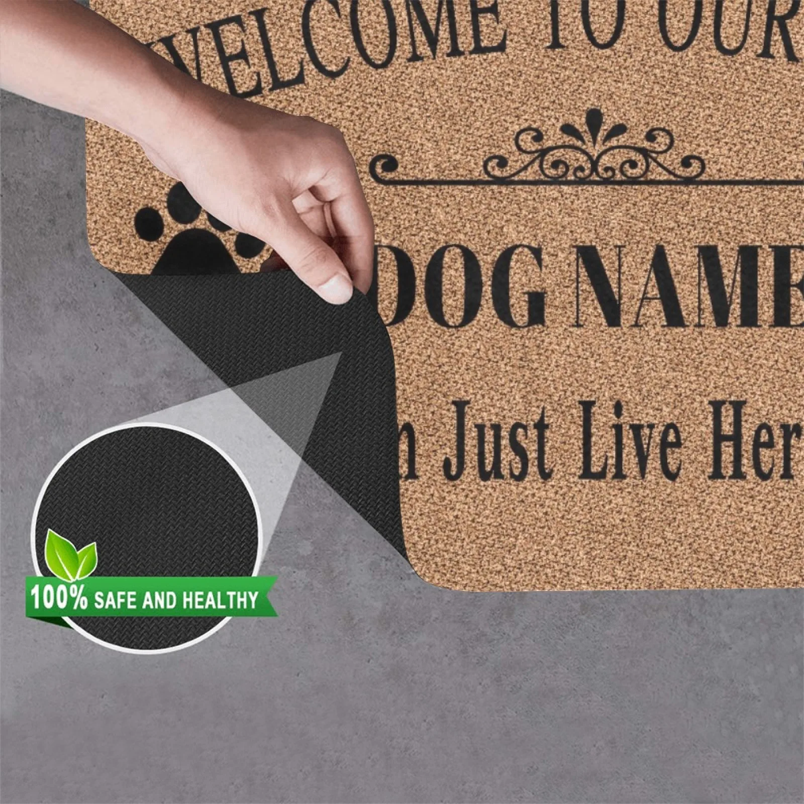 Welcome To Our Home  Doormat Dog Name Personalized Monogram Text Entrance Rug Floor The Human Just Live Here With Us Door Mat