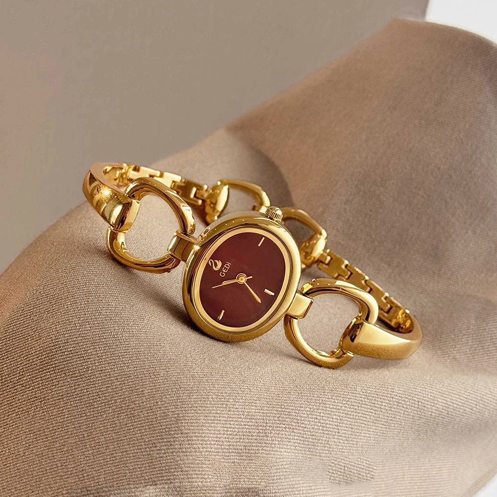 

GEDI Original Brand Luxury Watch Woman Wine Red Dial Quartz Watches Gold Bracelet Vintage Elegant Wrist Watches for Lady 2026