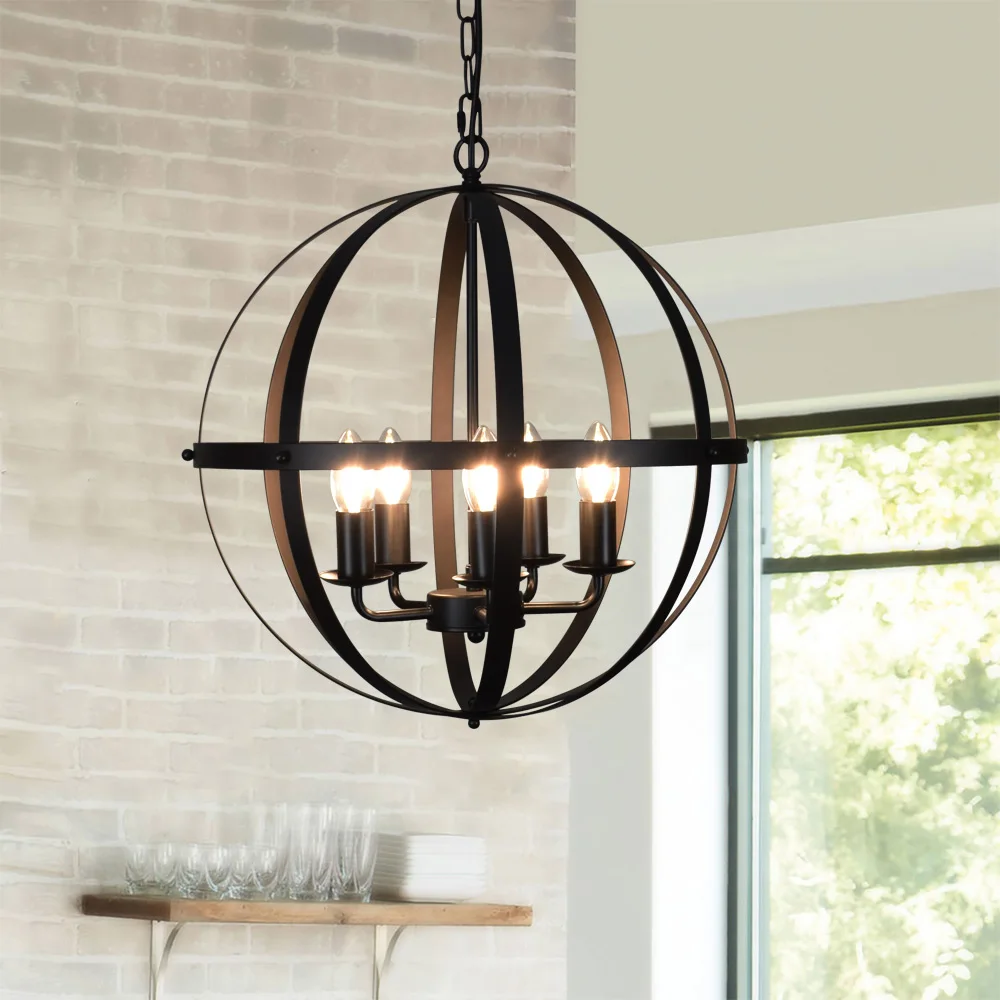 Depuley 5 Lights Industrial Globe Pendant Lighting Adjustable Chandelier Flush Mount for Kitchen Hallway Bedroom Entryway E12