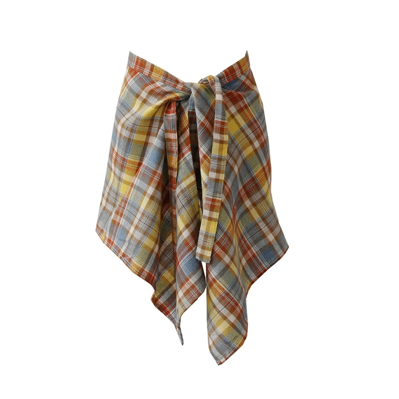 กระโปรงผู้หญิง ลายตารางสีรุ้ง หวานซ่อนเปรี้ยว ขอบลูกไม้แบบไม่สม่ำเสมอ ดีไซน์ชิ้นเดียวผูกโบว์