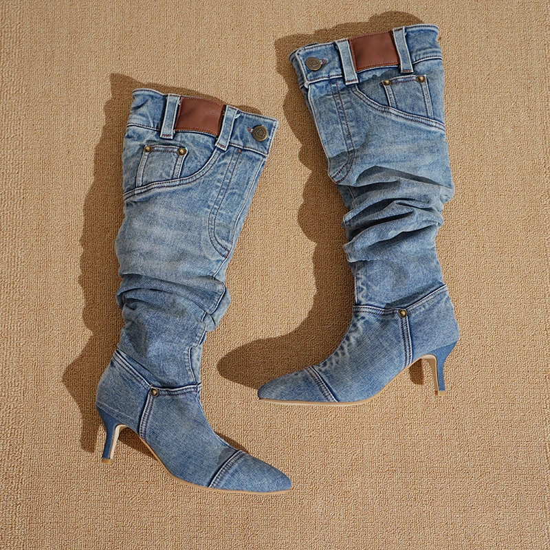 Womens Winter New Vintage Denim Designer Fashion Pointed toe High Boots 2024 Outdoor Walking Shopping Dress Women Party Boots