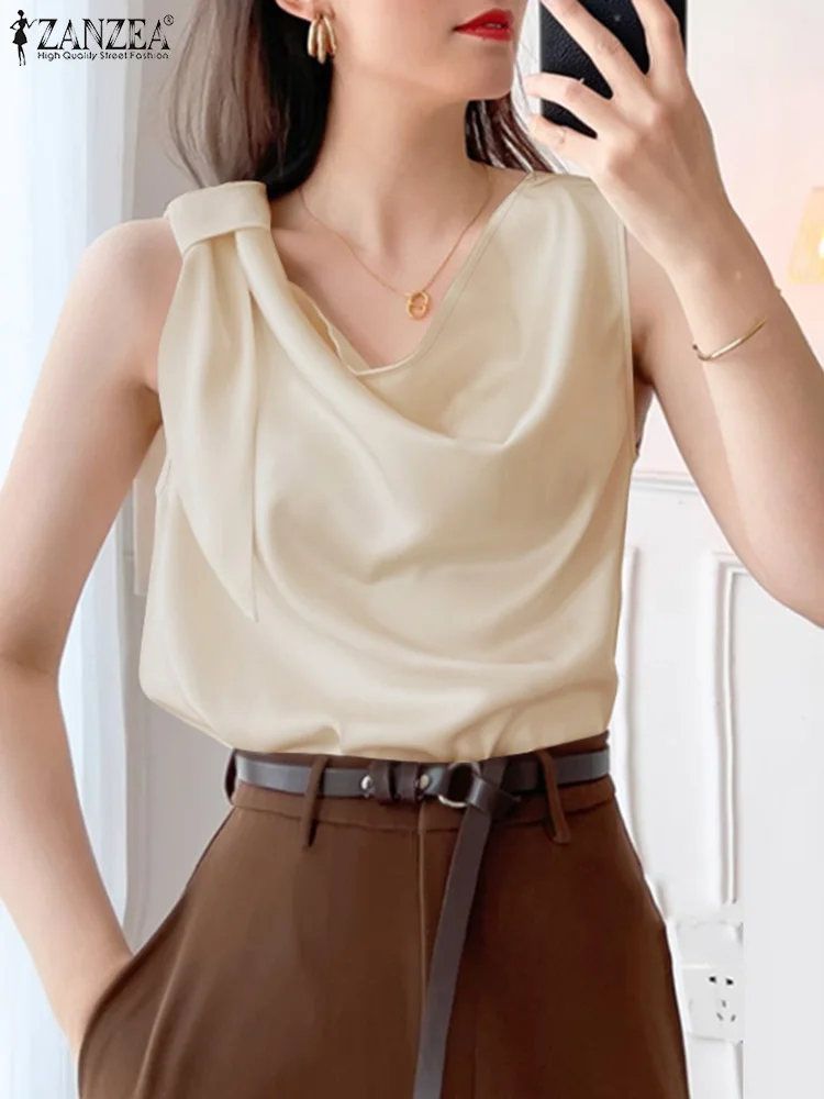 

Стильные летние майки ZANZEA, элегантные офисные женские блузки с открытым вырезом, атласные блузки без рукавов, однотонная рубашка-туника, оверсайз 2025