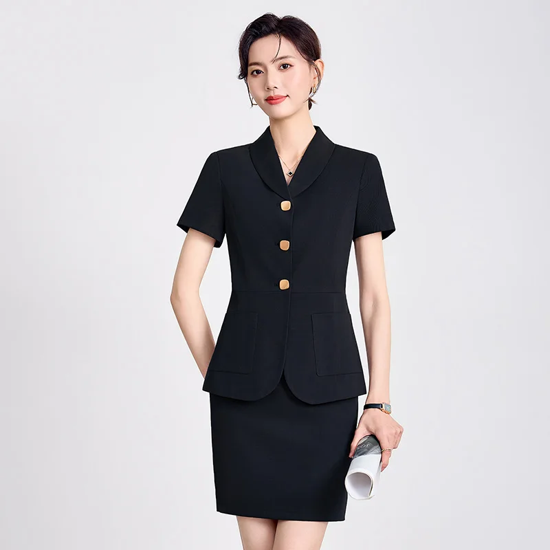 NAVIU ฤดูร้อนใหม่ Professional สีเทาชุดใหม่อารมณ์สง่างามธุรกิจ Slim Blazer และกระโปรงสํานักงานสุภาพสตรีชุดทํางานสีดํา