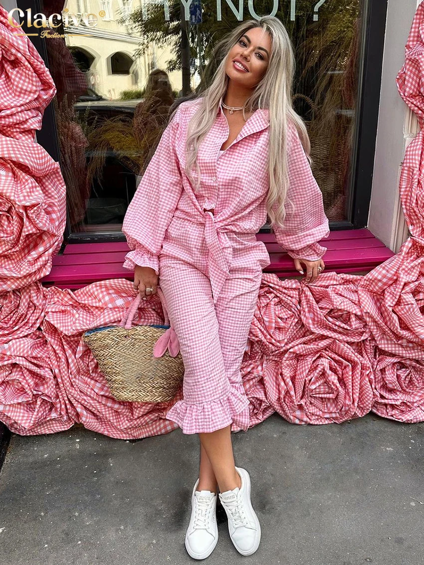 Clacive Fashion Loose Pink Plaid 2 Piece Set Woman Outfit 2025 Elegant Long Sleeve Shirt With High Waist Ruffle Pants Set Female