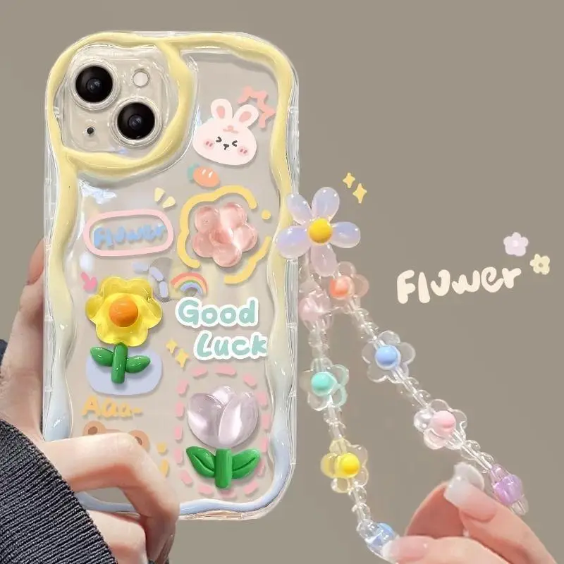 3D Rabbit Flower Chain Case For OPPO Reno 12 Pro 11f 5 6 10 A60 A79 5G A78 A38 A58 A35 A16 A17 A3S cover Soft Silicone Funda