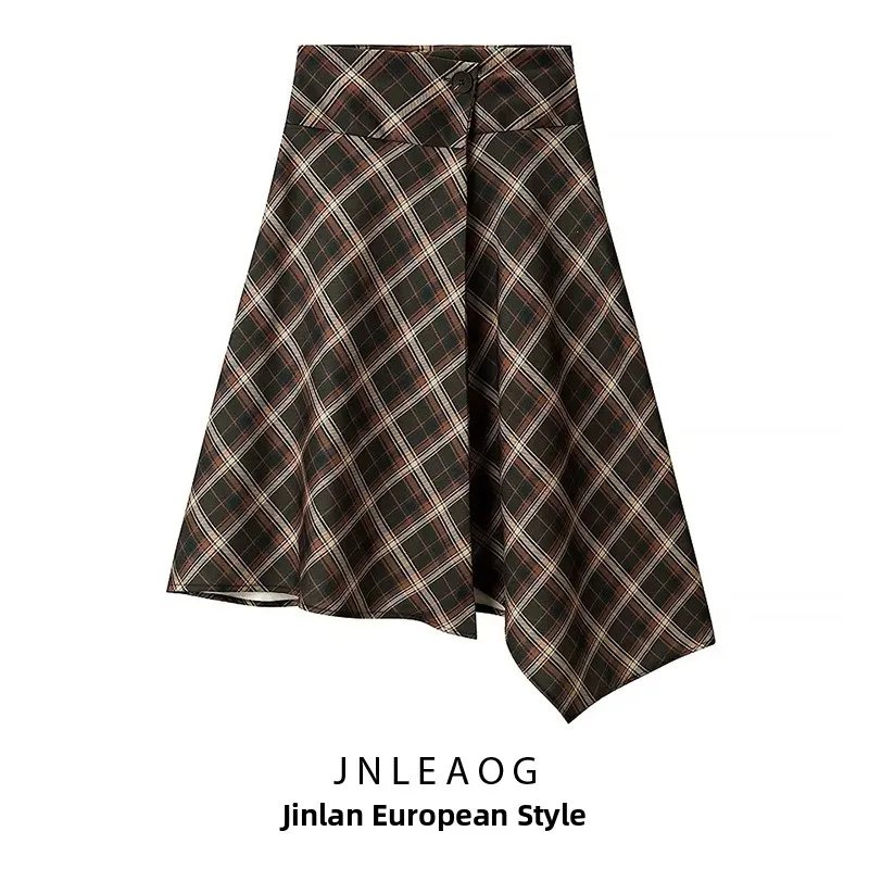 

JNLEAOG, осенняя новая женская клетчатая юбка Faion, универсальная повседневная асимметричная юбка из полиэстера со средней талией и принтом