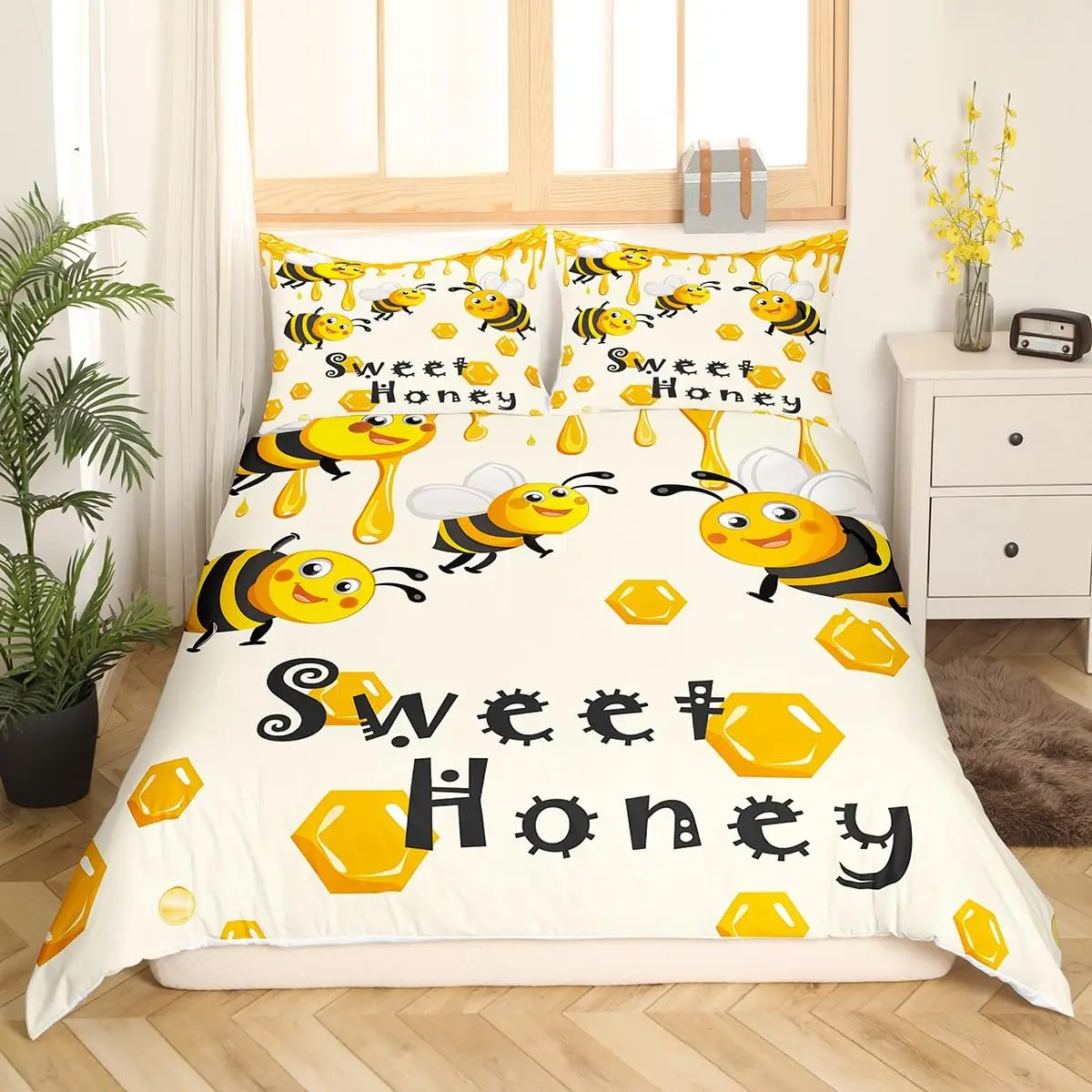 Cute Cartoon Bee Duvet Cover Honeycomb Bedding Set for Kids Boys Girls Honeycomb Hexagon Comforter Cover Wild Animal Quilt Cover