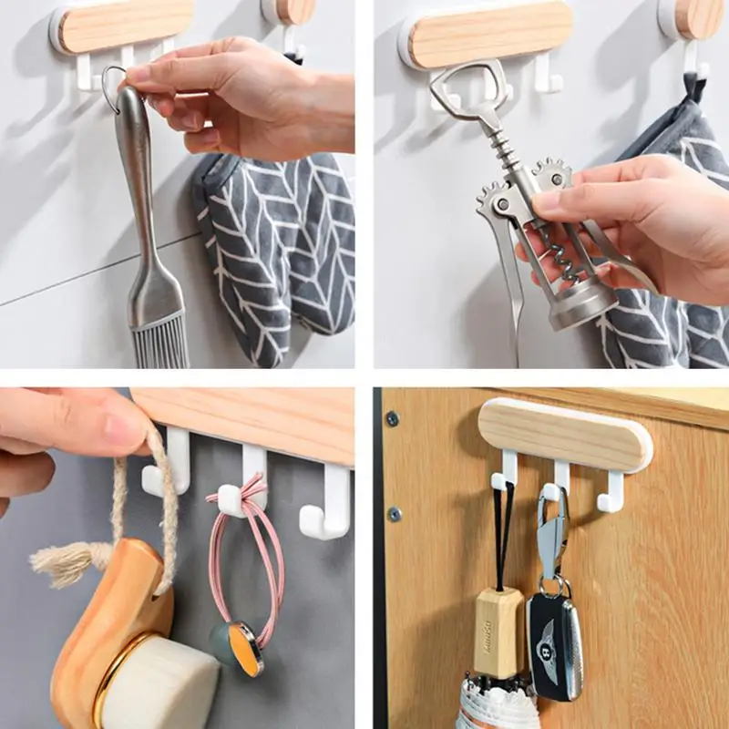 Adhesive Hooks No Hole ABS Adhesive Powerful Hooks Key Wooden Hooks Bathroom Shower Kitchen Storage Hooks Wall Mounted