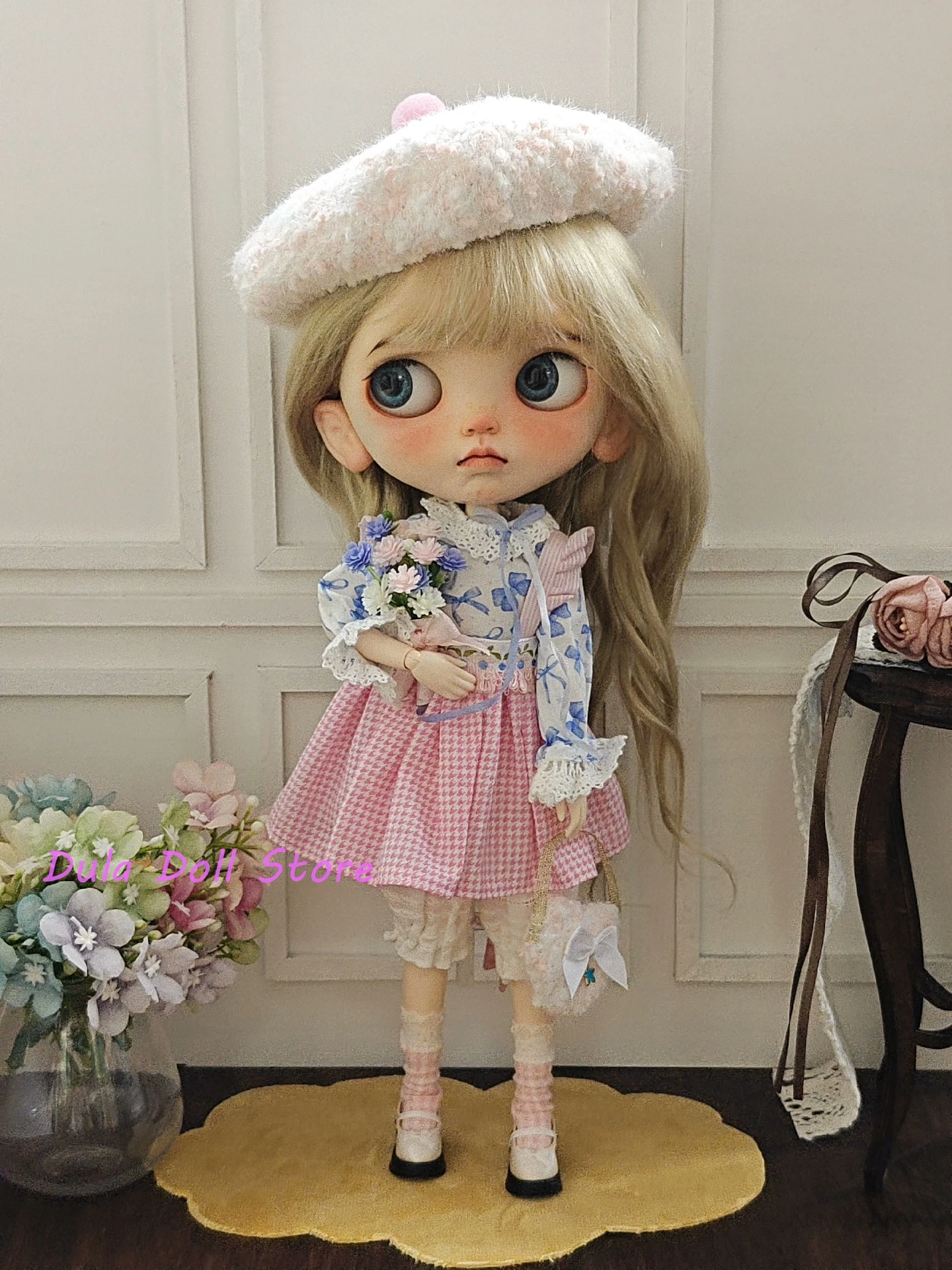 Dula Doll Clothes Dress Pink checkered suspender dress, blue cute Blythe ob24 Azone Licca ICY JerryB 1/6 Bjd Doll Accessories