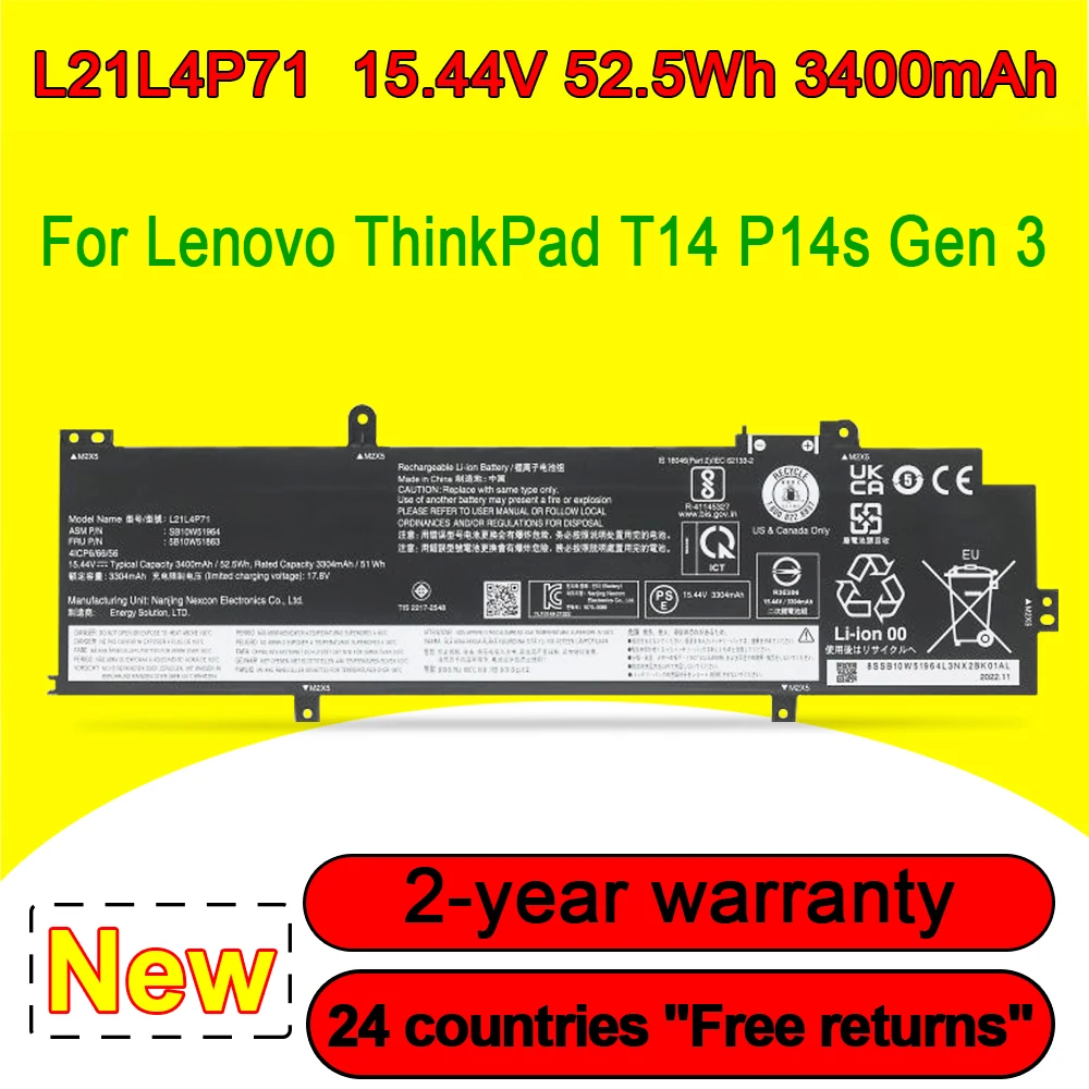 

L21L4P71 L21M4P71 Laptop Battery For Lenovo ThinkPad T14 Gen 3 (Type 21AH, 21AJ, 21CF, 21CG) P14s (Type 21AK, 21AL, 21J5,21J6)