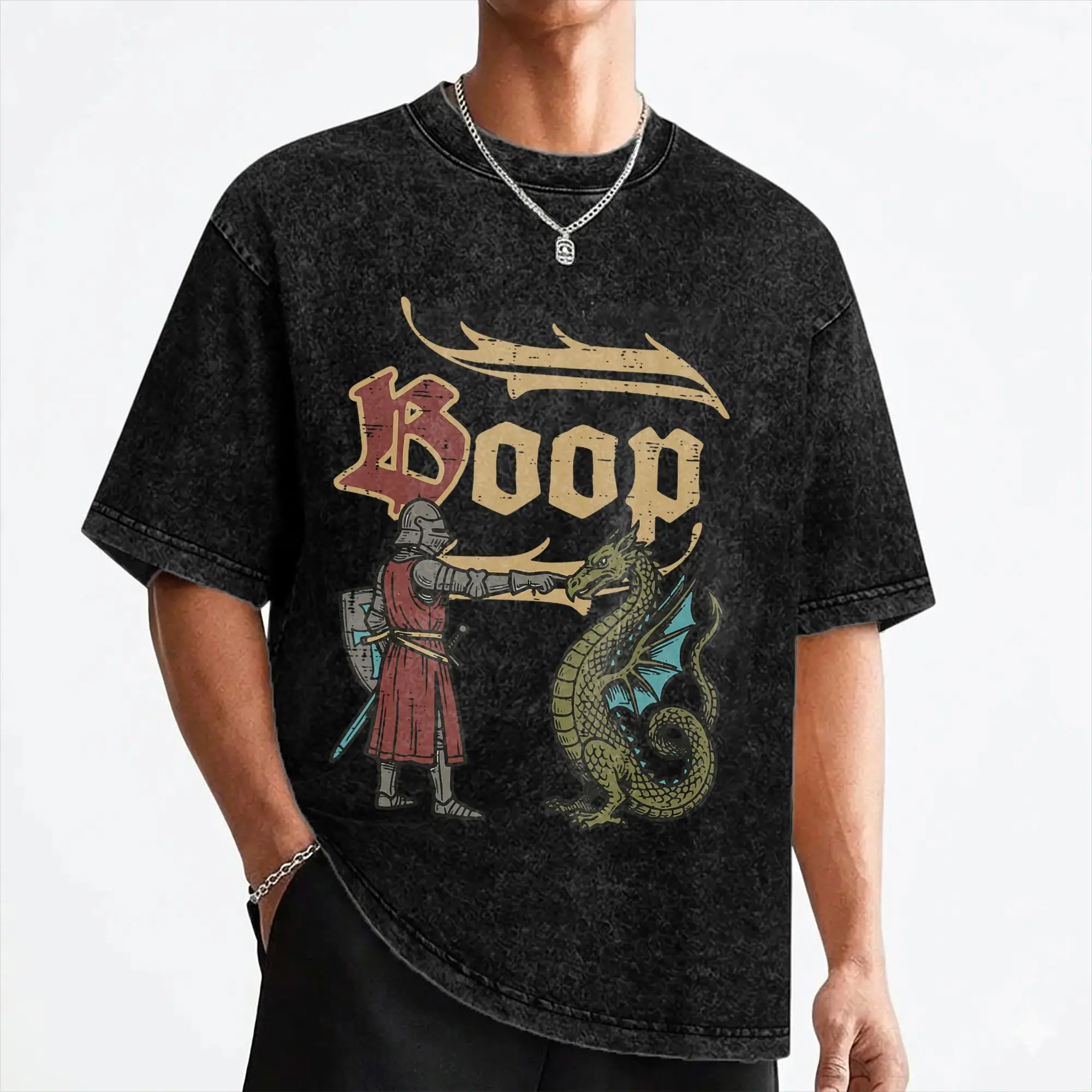 Le Boop Medieval Knight Dragon T Shirt Washed 100% Cotton Street T-Shirt  Vintage Men Women Streetwear Graphic Tops Tees