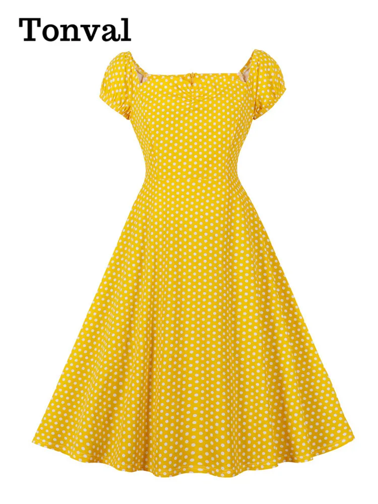 Tonval Sweetheart Neck Off Shoulder Party Elegant Women A-Line Vintage Dress Summer Clothes Cotton Polka Dot Dresses in Yellow