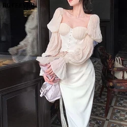 BGTEEVER Vintage Square Collar Women Skinny Dress Puff Sleeve Slim Waist Package Hip Female Dress Summer Ladies Vestidos