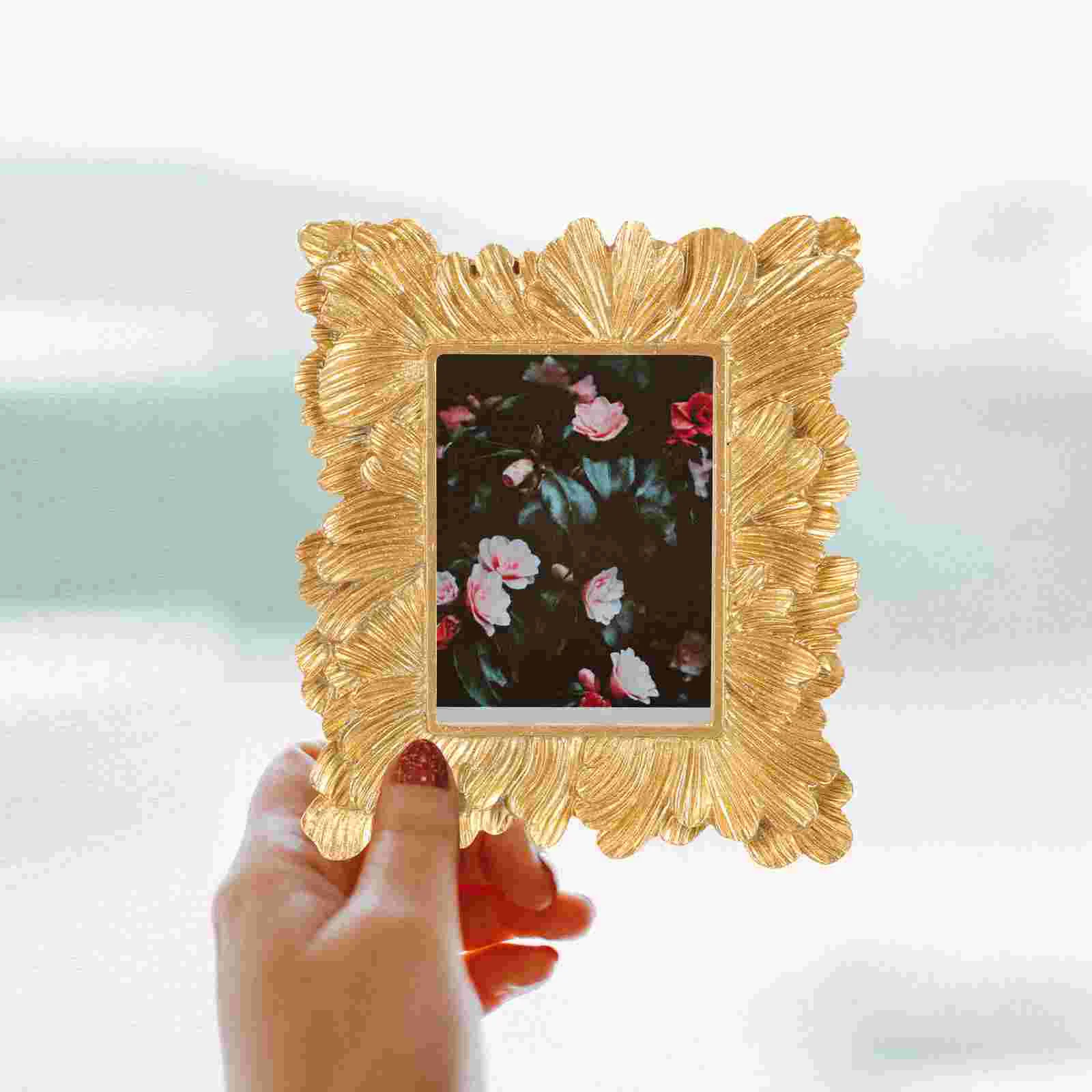 2 Pcs Vintage Decor Small Photo Frame Mini Resin Picture Frames Miniature Golden Retro DIY